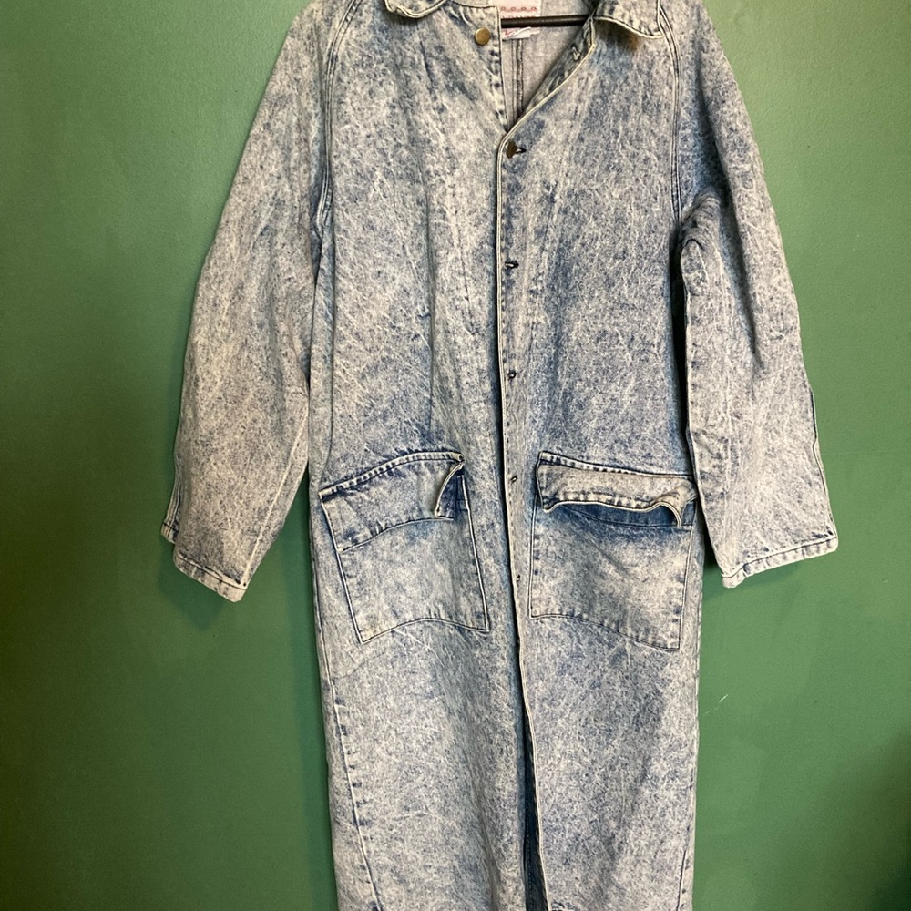 Vintage 80s SUNDANCE Denim Duster MADE IN USA Acid Wash Long Jacket Coat Men's L